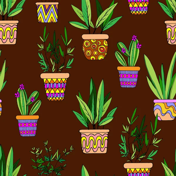 Sömlöst Mönster Ljusa Färger Kaktusar Och Krukväxter Krukor Tapetprydnad Omslagspapper — Stock vektor