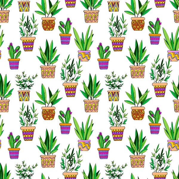 Sömlöst Mönster Ljusa Färger Kaktusar Och Krukväxter Krukor Tapetprydnad Omslagspapper — Stock vektor