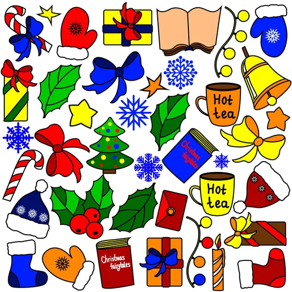 Elementi Natale Capodanno Colori Vivaci Impostati Design Del Biglietto Auguri — Vettoriale Stock