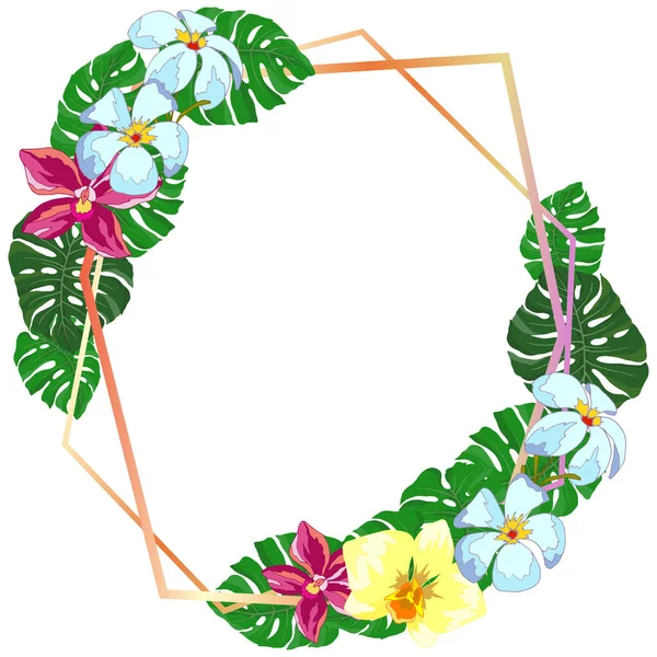 Kulatý Rám Tropickými Květy Listy Pozadí Pro Pozdravy Balicí Papír — Stockový vektor