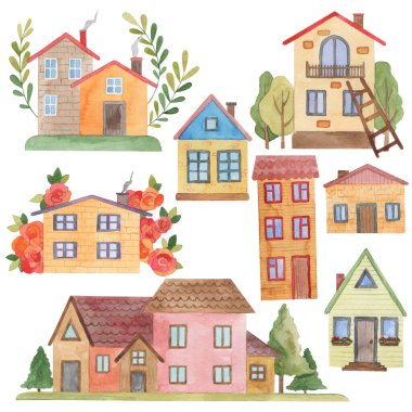 suluboya set, masal evleri pastel renklerde, çiçekler ve ağaçlar, beyaz arka planda izole edilmiş