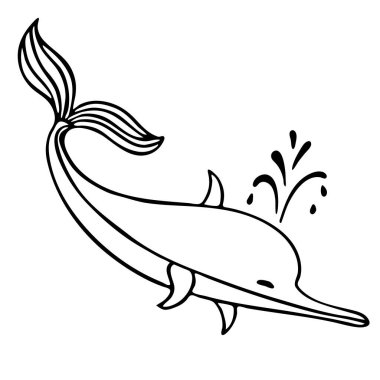 Siyah bir element, dövme deseni, dekoratif bir yunus çizimi, beyaz bir arkaplanda izole edilmiş.