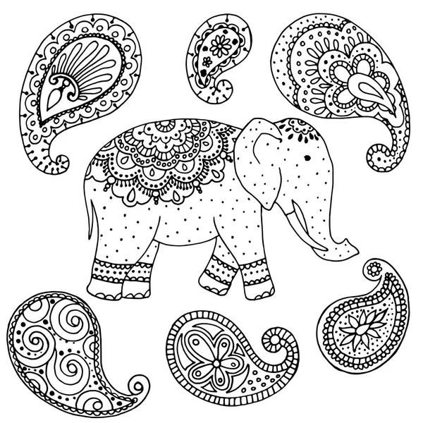 入れ墨のパターン 装飾的な象の絵 インドの図面 白い背景に隔離された要素 — ストックベクタ