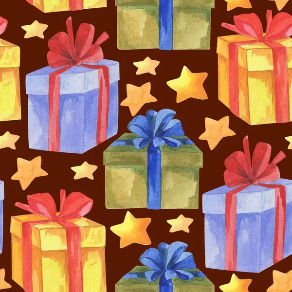 Modello Senza Soluzione Continuità Illustrazione Acquerello Scatole Regalo Ornamento Carta — Foto Stock