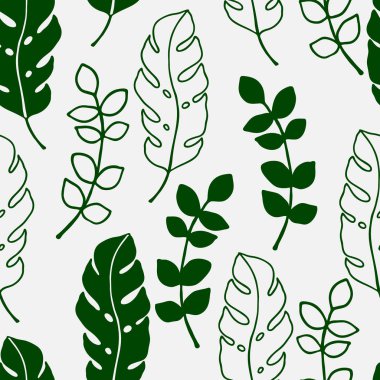 Tropikal yaprak, vektör illüstrasyonu, duvar kağıdı ve kumaş için süsleme, ambalaj kağıdı görüntüsü olan kusursuz desen.