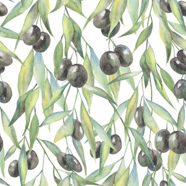 Kusursuz desen, zeytin, dal ve yapraklı suluboya arkaplan, duvar kağıdı süsü, ambalaj kağıdı