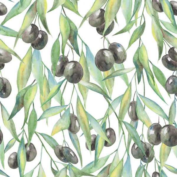 Seamless Pattern Watercolor Background Olives Branches Leaves Wallpaper Ornament Wrapping — Stock Photo, Image