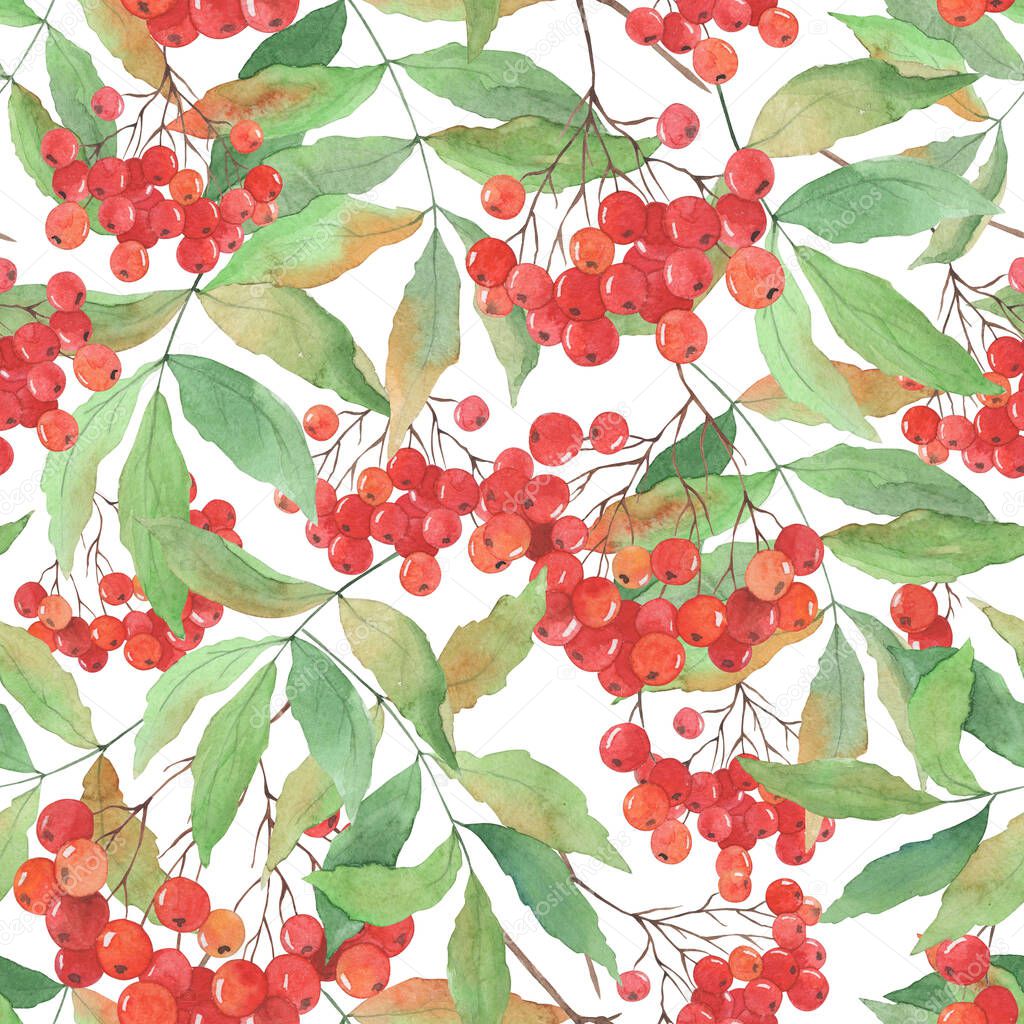 seamless pattern, watercolor background with rowan berries, branches and leaves, wallpaper ornament, wrapping paper