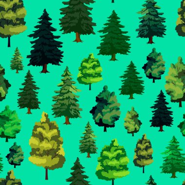 seamless pattern in green, vector illustration of forest, coniferous and deciduous trees, wallpaper ornament, wrapping paper, background for design clipart