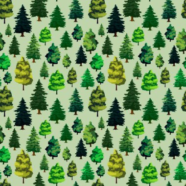 Yeşil renkte kusursuz desen, ormanın vektör çizimi, kozalaklı ve yaprak döken ağaçlar, duvar kağıdı süsü, ambalaj kağıdı, tasarım için arka plan