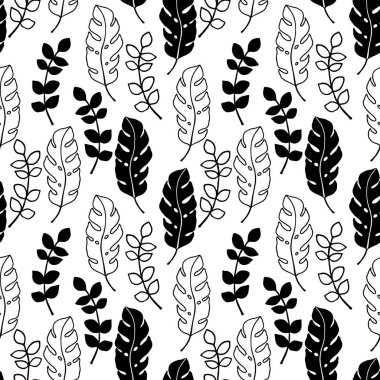 Tropikal yaprak, vektör illüstrasyonu, duvar kağıdı ve kumaş için süsleme, ambalaj kağıdı görüntüsü olan kusursuz desen.