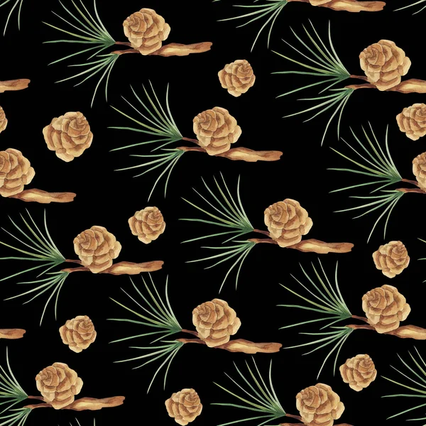 Nahtloses Muster Aquarell Illustration Hintergrund Mit Fichtenzweigen Und Zapfen Tapetenornament — Stockfoto