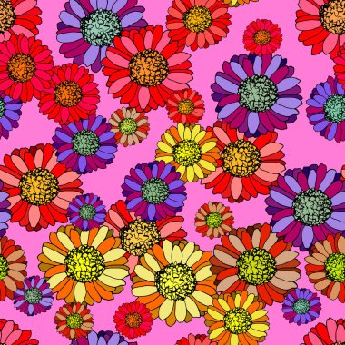 parlak renkli çiçeklerle kusursuz desen, vektör illüstrasyonu, duvar kağıdı süsü, ambalaj kağıdı