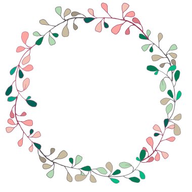 Çiçek süslemeli yuvarlak çerçeve, vektör illüstrasyonu, beyaz bir arkaplanda izole, tebrik ve kart tasarımı için, yapraklı dallar