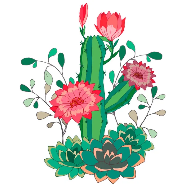 Színes Minta Kaktusz Virágok Vektor Illusztráció Izolátum Fehér Alapon Elemek — Stock Vector
