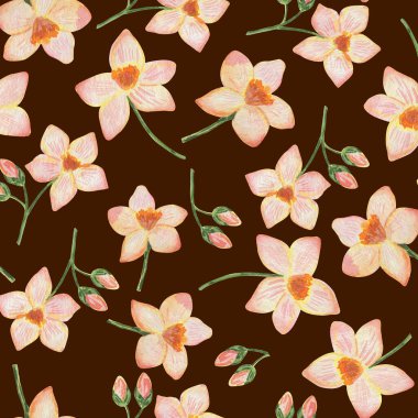 Kusursuz desen, suluboya çizimi, tropikal çiçekler, farklı tasarım için arka plan, duvar kağıdı ve kumaş için süs