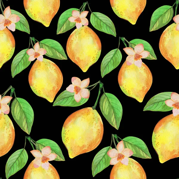 Безшовний Візерунок Акварельна Ілюстрація Лимон Гілкою Тропічні Фрукти Квіти Фон — стокове фото