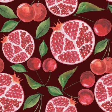 Kusursuz desen, suluboya çizimi, meyve, kiraz, yaprak, duvar kağıdı süsü, ambalaj kağıdı.