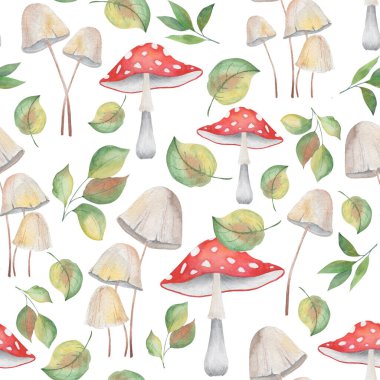 Kusursuz desen, suluboya çizimi, mantar ve yaprakların resmi, kumaş ve duvar kağıdı süsü, ambalaj kağıdı.