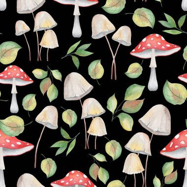 Kusursuz desen, suluboya çizimi, mantar ve yaprakların resmi, kumaş ve duvar kağıdı süsü, ambalaj kağıdı.