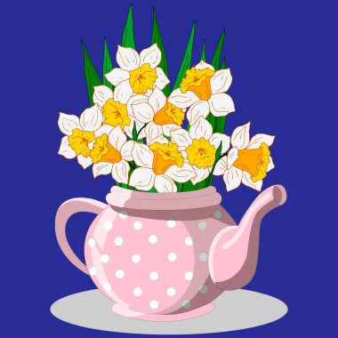 Vektör illüstrasyonları, çaydanlıkta narsisli çiçekler, broşür tasarımı ve selamlama için, beyaz bir arkaplanda izole