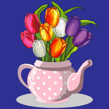 Vektör illüstrasyonları, çaydanlıkta lale çiçekleri, broşür tasarımı ve selamlama için, beyaz bir arkaplanda izole