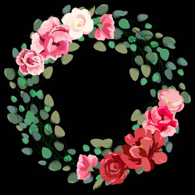 vektör illüstrasyonu, çiçek çerçevesi, kartpostallar ve selamlar için arkaplan, parlak yapraklı çiçekler ve dallar