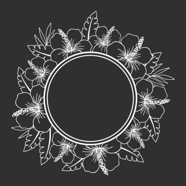 Vektör illüstrasyonu, tropikal çiçekli çerçeve, tek renkli desen, şablon, şablon, izole