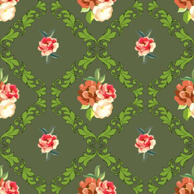 Vektör çizimleri, çiçek elementli kusursuz desen, damask süslemeleri, klasik arkaplan, duvar kağıdı, paket kağıdı, yapıştırma kitabı