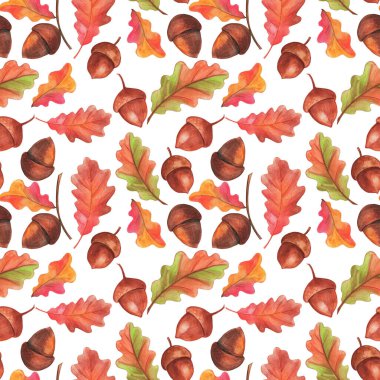 suluboya resimleme, pürüzsüz desen, sonbahar yaprakları ve meşe palamudu, duvar kağıdı ve kumaş süsü, ambalaj kağıdı