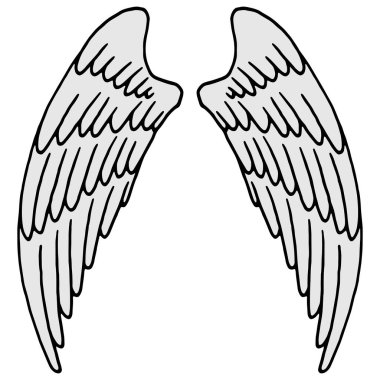 vektör illüstrasyonu, siyah beyaz, izole, tasarım elementleri, karalama biçimi olan bir çift kanadın doğrusal çizimi