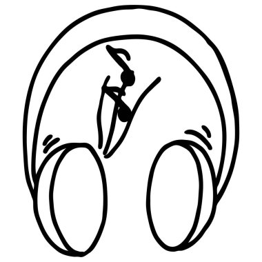 Doodle biçimi kulaklıklar, basit vektör illüstrasyonu, müzik dinleme cihazı, tasarım ögesi, siyah ve beyaz doğrusal desen, beyaz arkaplanda izole et