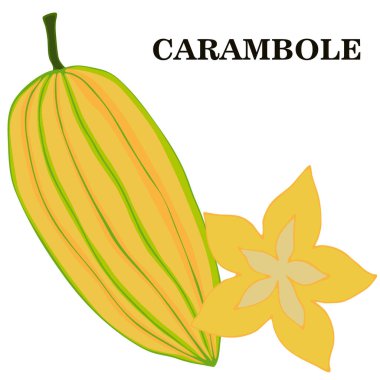 Vektör çizimi, parlak renkli desen, tropikal meyveler, karambol, beyaz arkaplanda izole et