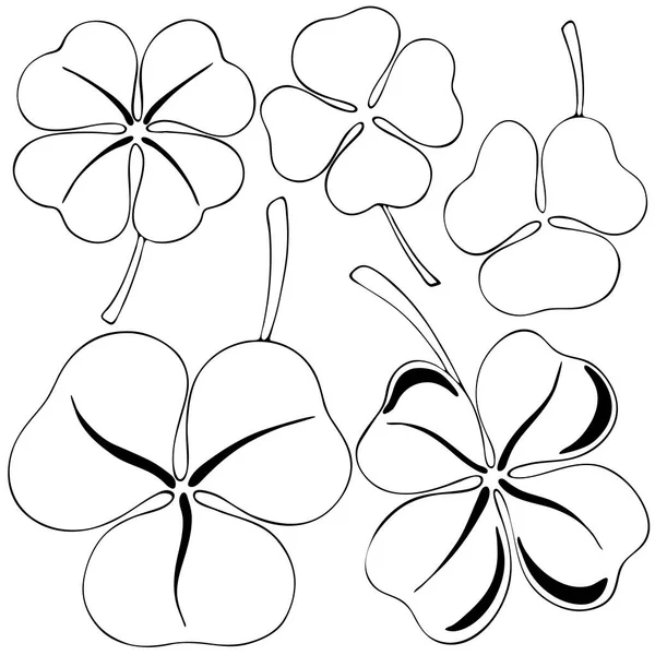 vektör illüstrasyonu, siyah ve beyaz yaprak resimleri, yonca, beyaz arkaplan üzerinde izole, farklı tasarım için, düz biçim simgesi