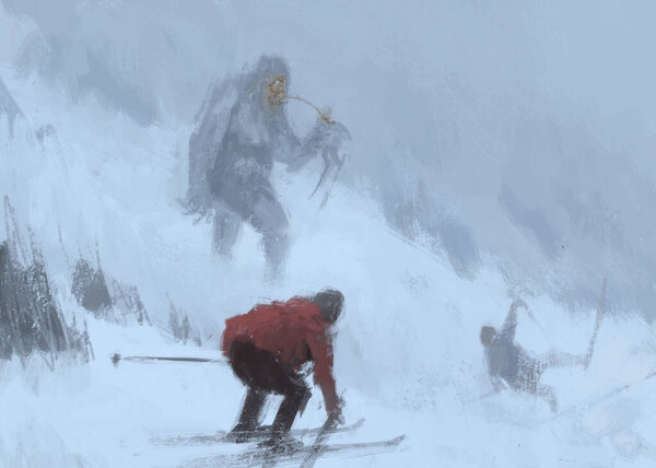 Цифровая традиционная картина йетинского монстра, поедающего голову человека, катающегося на лыжах по снегу 