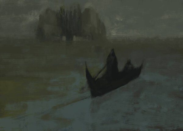 Цифровая традиционная картина смерти, несущая душу через реку Стикс на остров смерти