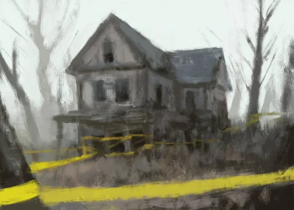 用警用黄色带子画一座令人毛骨悚然的老房子 — 图库照片