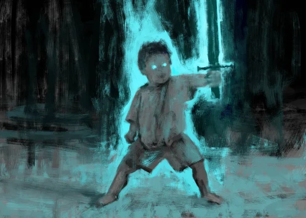 Ilustração Tradicional Menino Pequeno Empoderado Por Uma Espada Poderosa — Fotografia de Stock