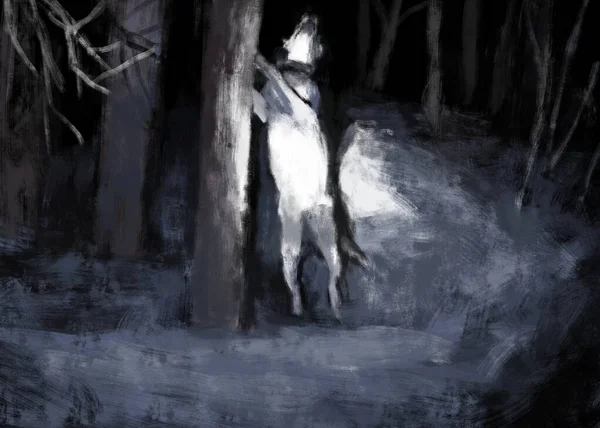 Ilustración Tradicional Perro Bosque Nevado Por Noche Iluminado Por Una — Foto de Stock