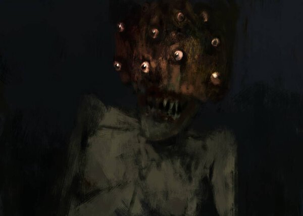 Цифровая иллюстрация странного существа в шляпе с множеством глаз, концепт-арт