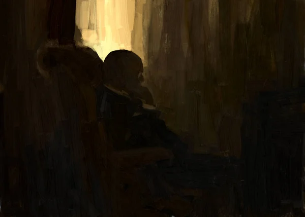 Digital traditional painting of a bold man with glasses in a house