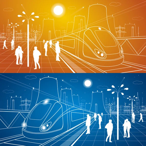 Bahnhof, Menschen, die auf den Zug warten, Industrie- und Transportillustration, Energieanlage, Vektor-Design-Kunst — Stockvektor