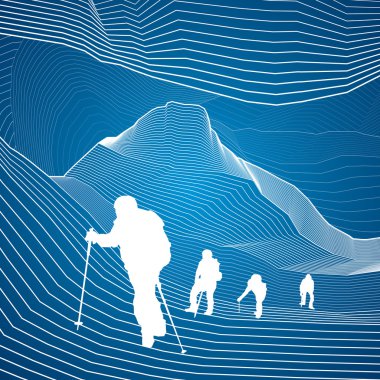 Hikers in the mountains, climbing in tandem, extreme sport, white lines, abstraction composition, vector design art clipart