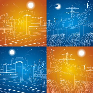 Hidro elektrik santrali, kumaş, elektrik santrali, enerji illüstrasyonlar, neon hatları, gün ve gece, vektör satırları tasarım kümesi
