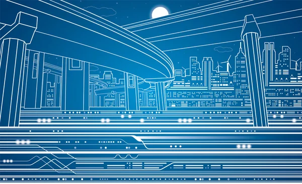 Illusztráció az éjszakai város, az infrastruktúra egy modern város, a városi közlekedés és a metró, vektor, ábra, a művészet és a design — Stock Vector