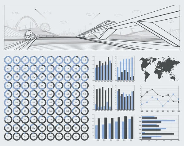 Инфраструктура и транспортная иллюстрация, инфографика для презентации бизнеса и транспорта, горы, город на заднем плане, векторные кольцевые диаграммы, от 0 до 100 процентов — стоковый вектор