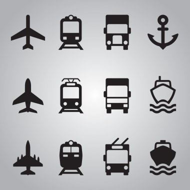 Taşıma simgeler, vektör piktogram için tasarım projesi veya tanıtım, siyah simgeler kümesi