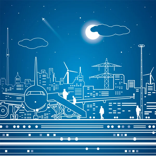 Airport, airplane, transport terminal, passengers landing, night city on background, white lines, vector design art — Stock Vector