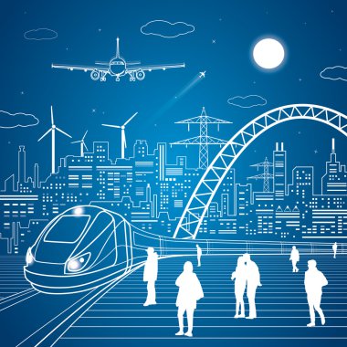 Tren hareket, tren istasyonu, treni, endüstriyel bekleyenler ve illüstrasyon, şehir altyapısı arka plan ve büyük köprü, uçak, vektör tasarım sanat üzerinde taşıma