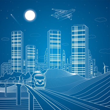 Tren Köprüsü, kum tepeleri, dağlar, çöl, arka plan, altyapı illüstrasyon, uçak sinek, gece city devam beyaz çizgiler, Tasarım sanat vektör